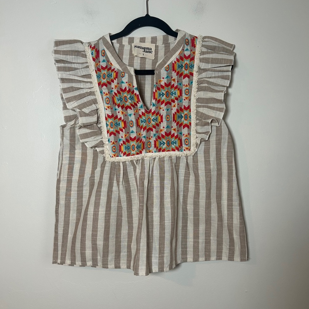 Savanna Jane Women Striped Embroidered Ruffle Sleeve V Neck Top Size S